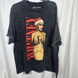 Whitney Houston Christmas Graphic T Shirt Santa Hat Acid Wash Concert Tee Size L
